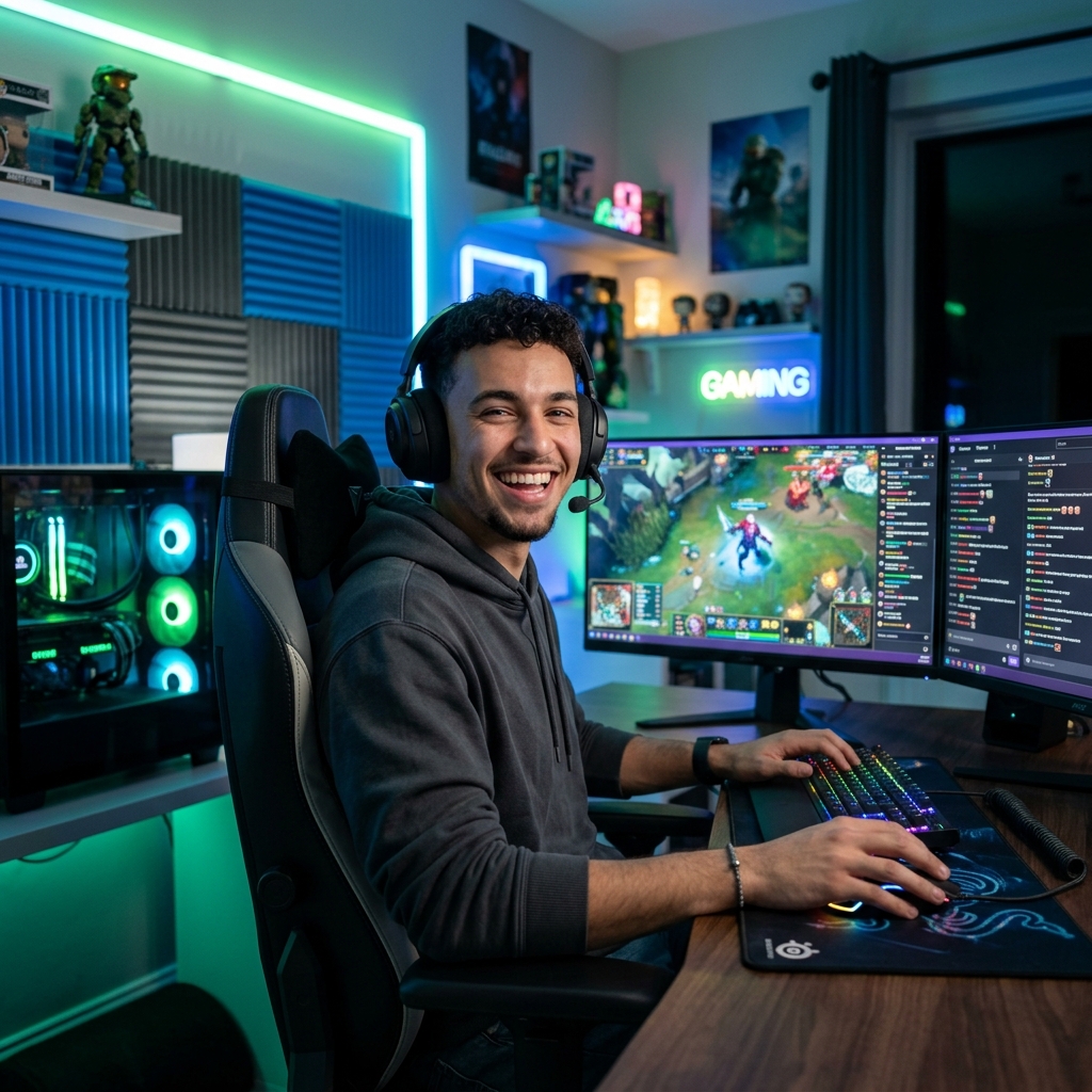 Joven gamer disfrutando de fibra óptica de alta velocidad